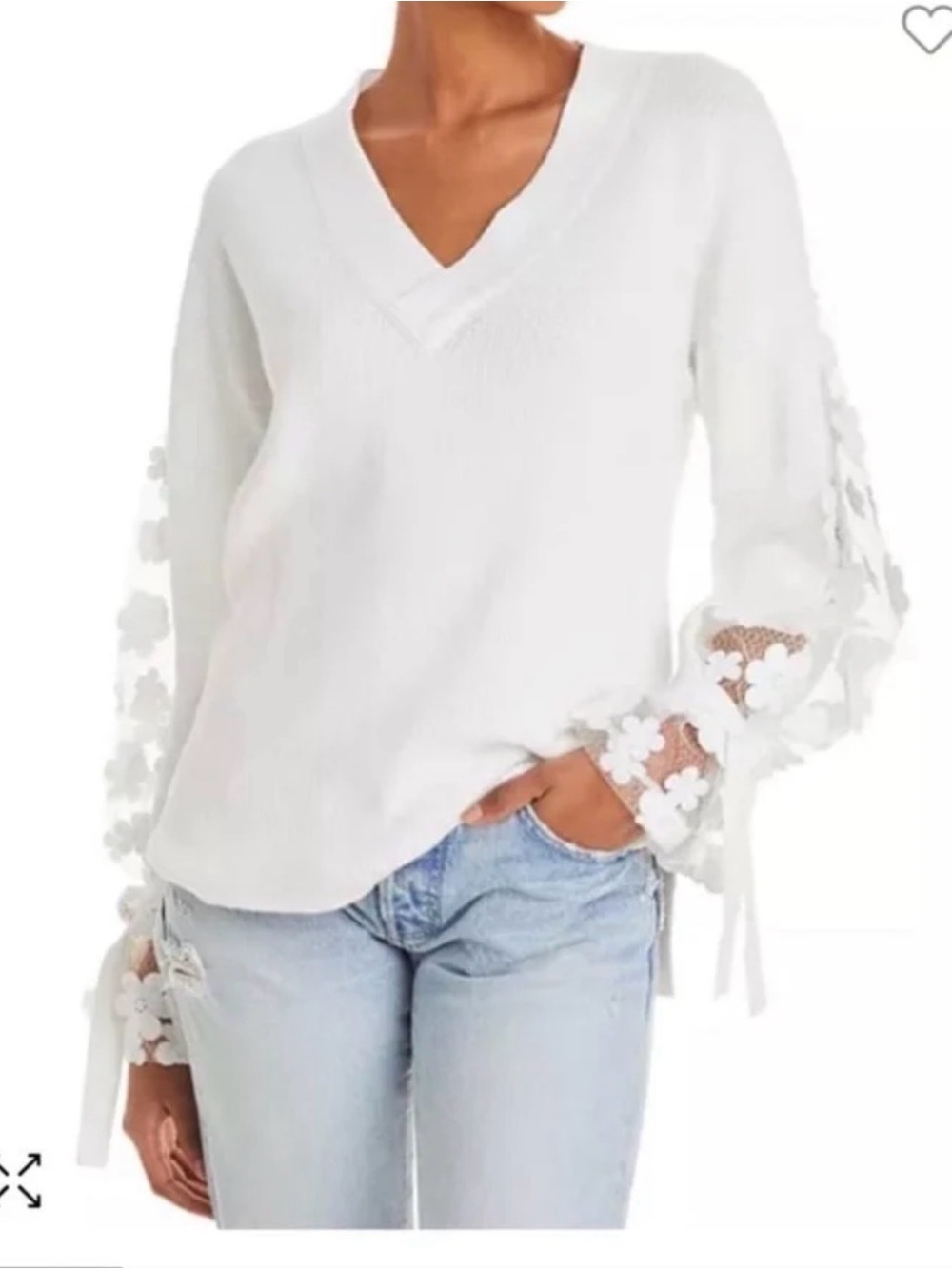 French Connection White V-Neck Sweater with Floral Lace Sleeves